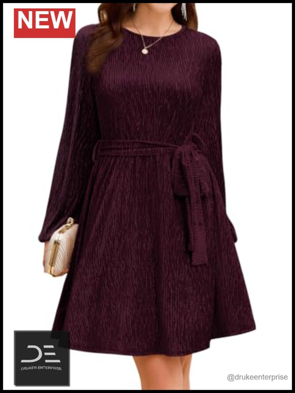 Shimmer Lurex Crinkle Velvet Cocktail Dress with Belt Lantern Sleeve